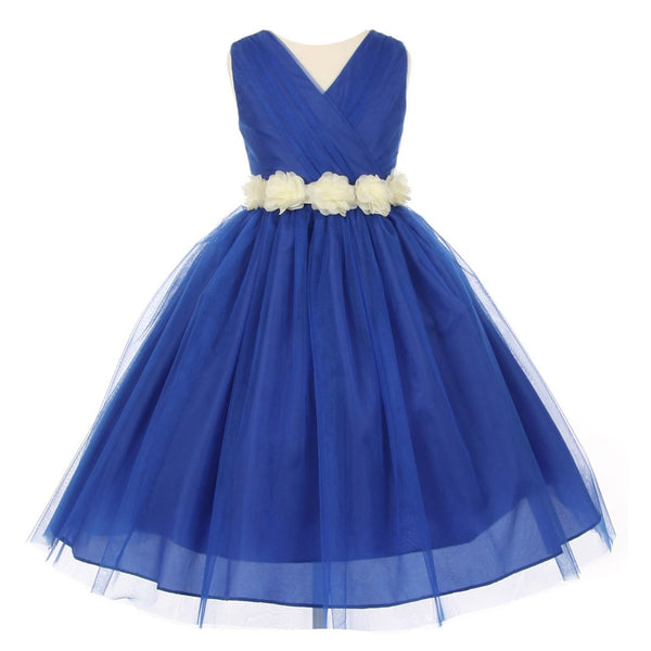 Big Girls Royal Blue Ivory Chiffon Flowers Tulle Junior Bridesmaid Dress 8-14 - SophiasStyle.com